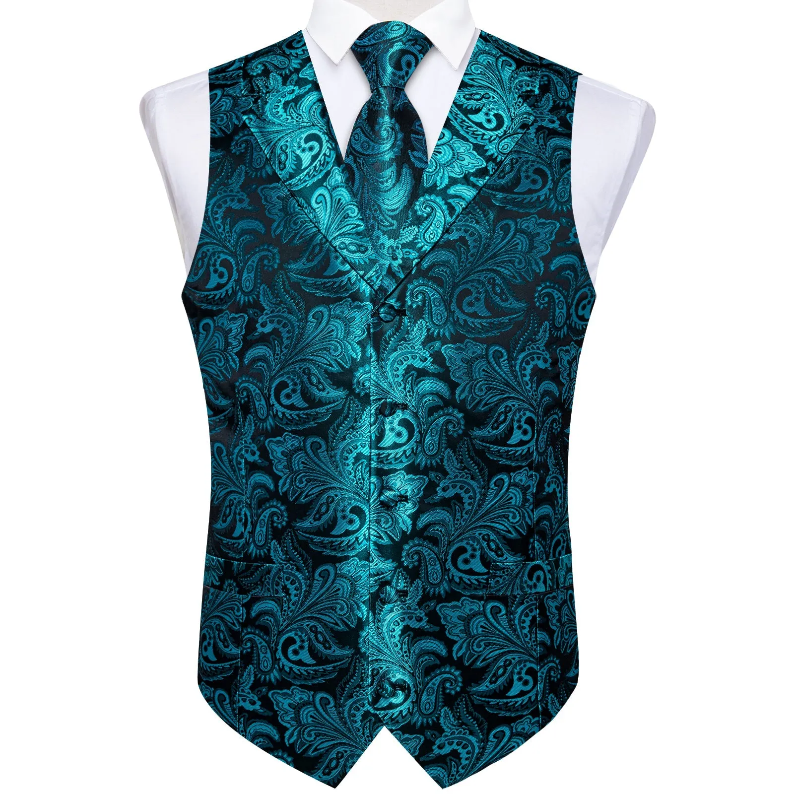 Turquoise Luxury Paisley Jacquard Men's Collar Vest Tie Hanky Cufflinks Suit Set