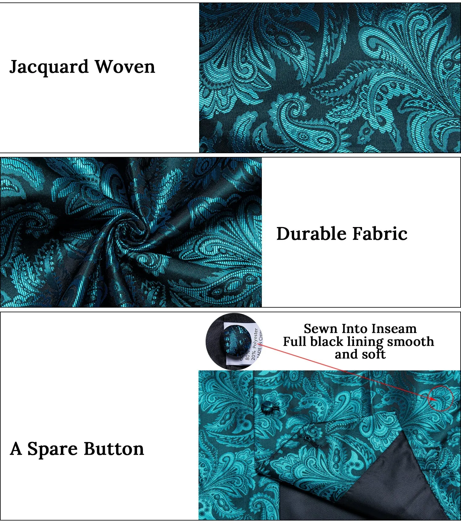 Turquoise Luxury Paisley Jacquard Men's Collar Vest Tie Hanky Cufflinks Suit Set