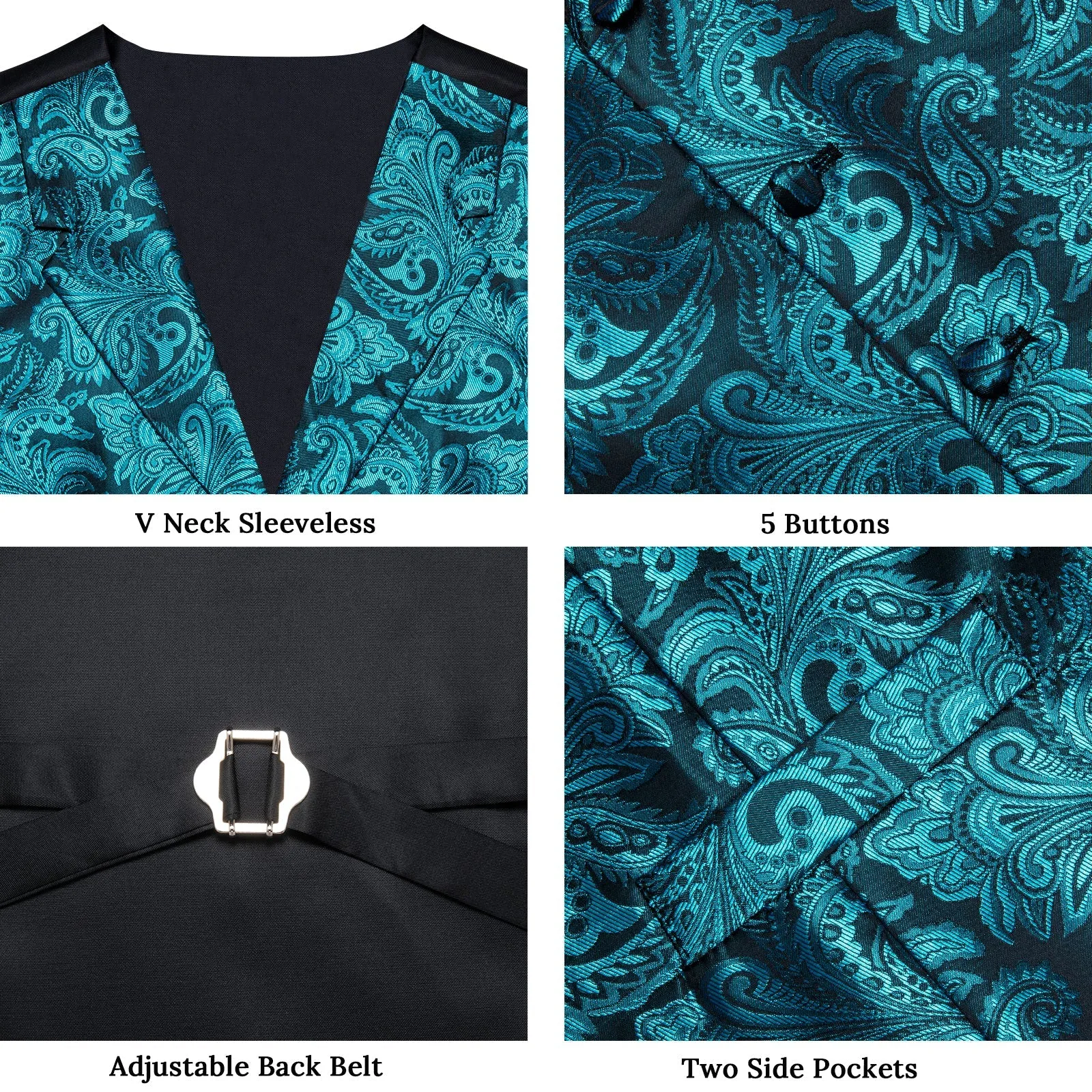 Turquoise Luxury Paisley Jacquard Men's Collar Vest Tie Hanky Cufflinks Suit Set