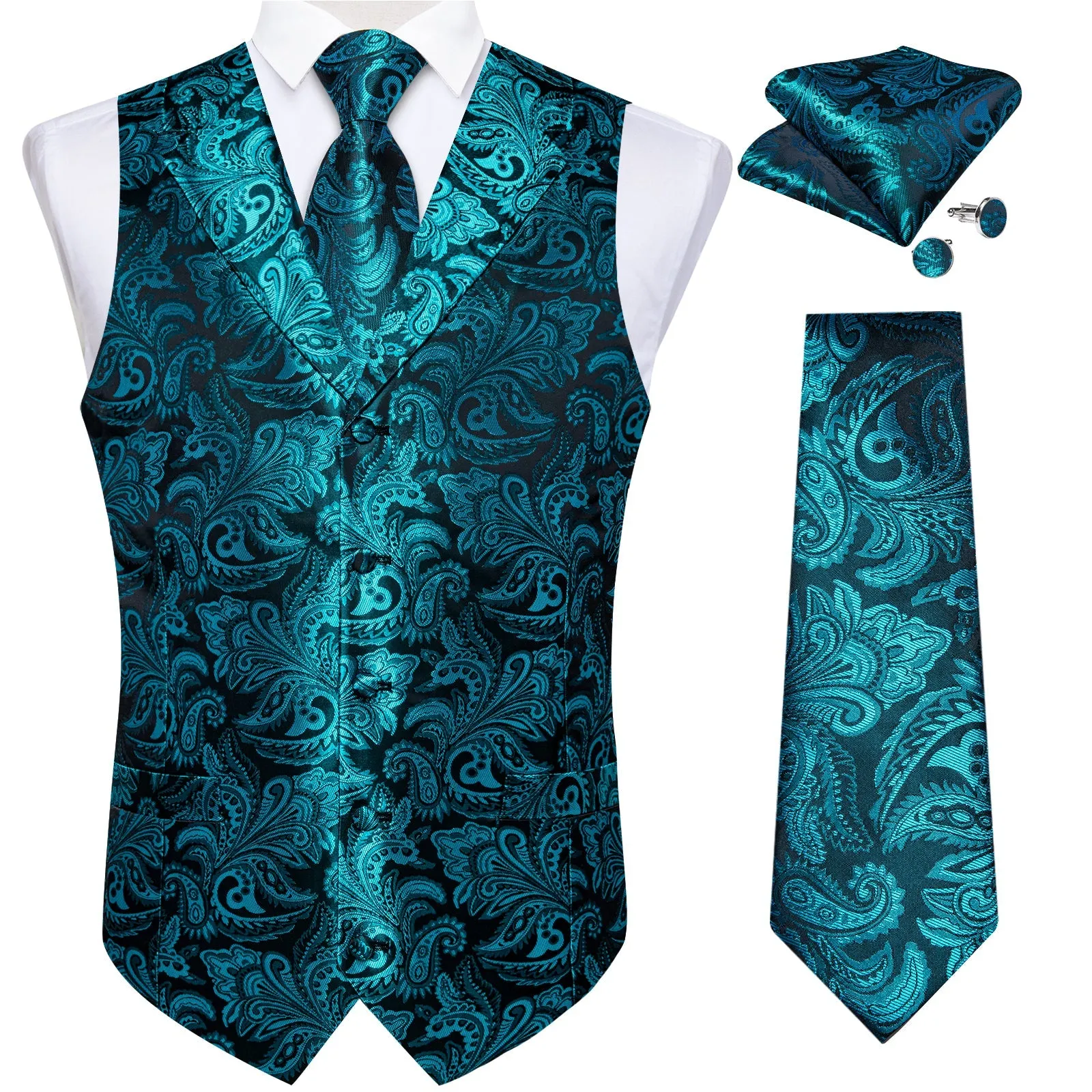 Turquoise Luxury Paisley Jacquard Men's Collar Vest Tie Hanky Cufflinks Suit Set