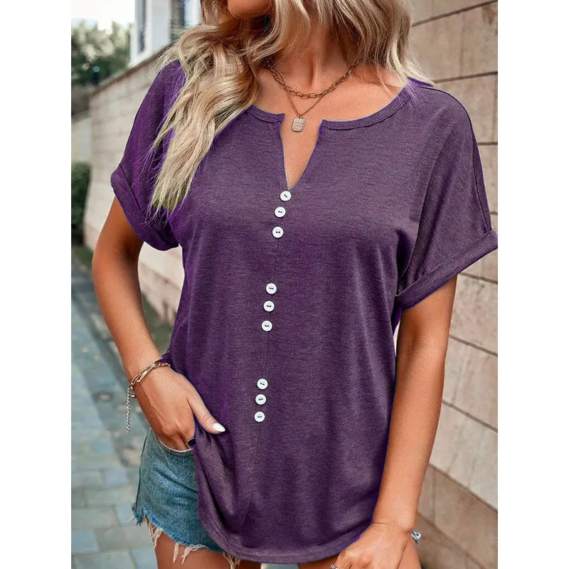 V-neck Short Sleeve Tops Shirt Summer Button Design Blouse