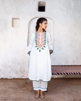 White Cotton Floral Embroidered Kurta Palazzo Set