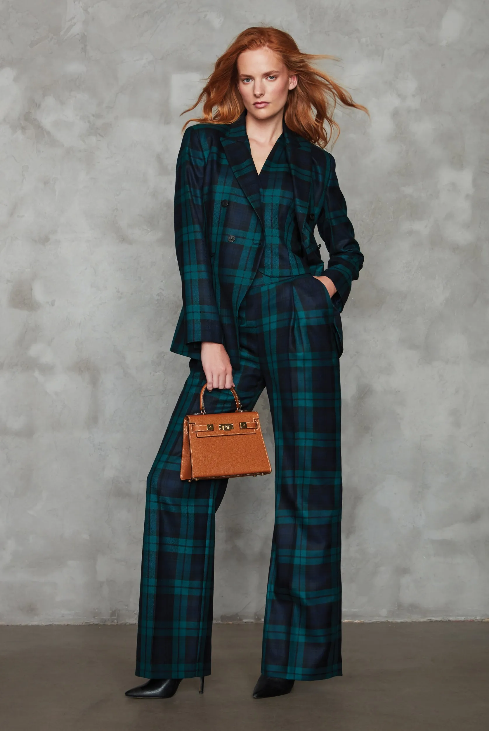 Wide Leg Trousers in Black Watch Worsted Tartan - Portia