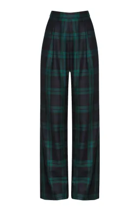 Wide Leg Trousers in Black Watch Worsted Tartan - Portia