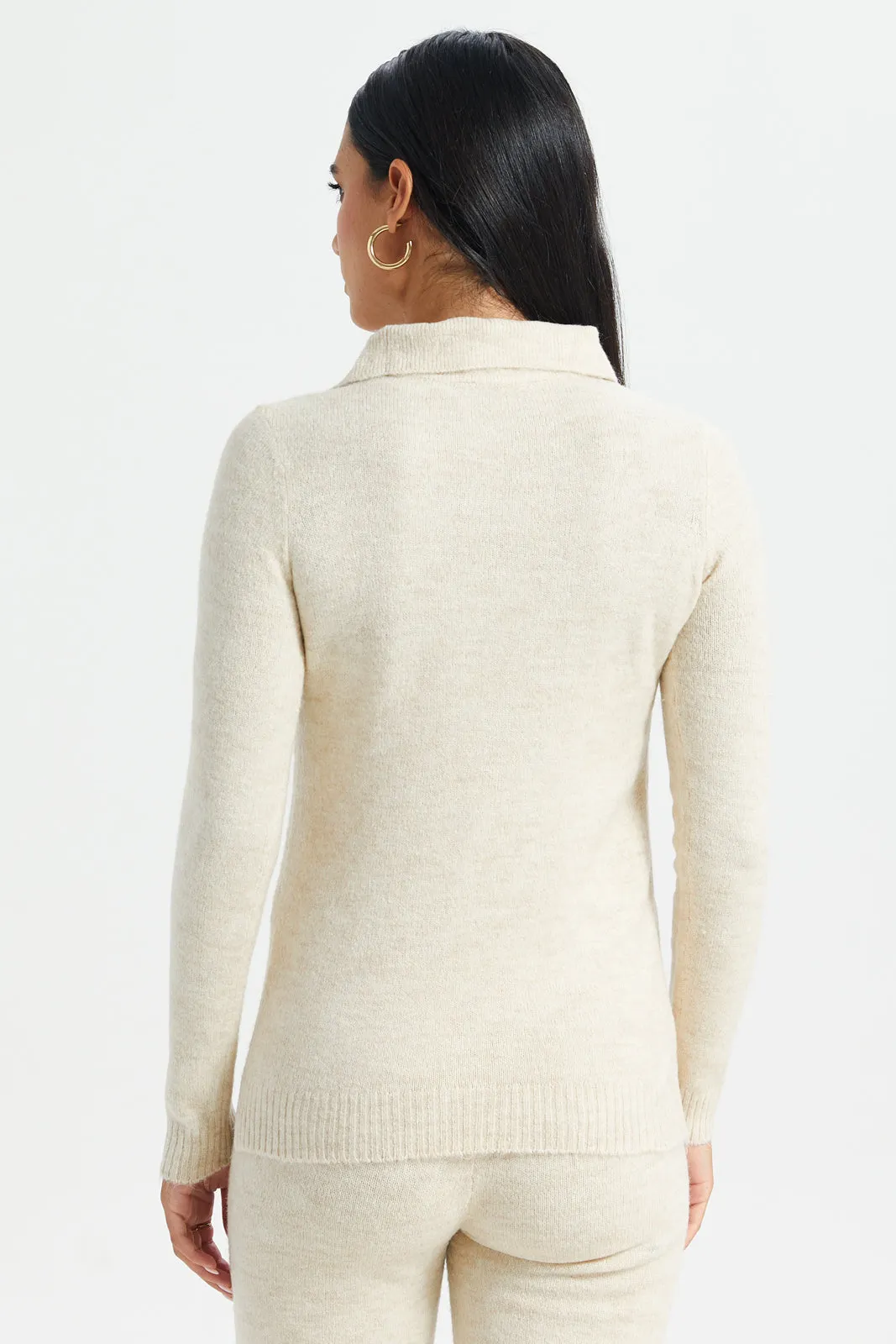 Women Beige Collared Pullover