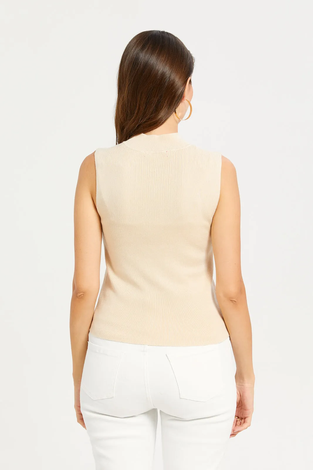 Women Beige High Neck Sleeveless Pullover