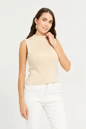 Women Beige High Neck Sleeveless Pullover