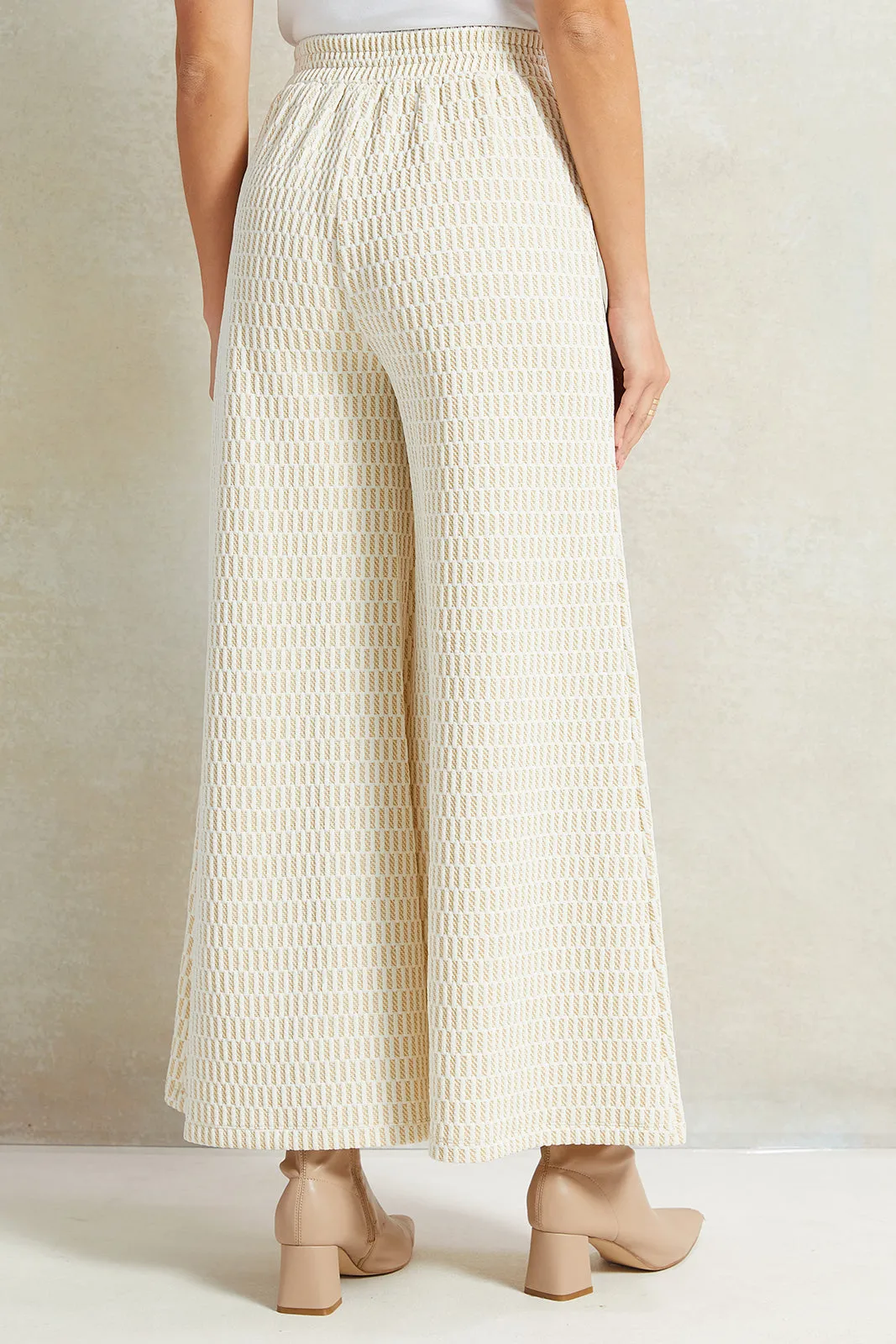 Women Cream Jacquard Wide Leg Pants