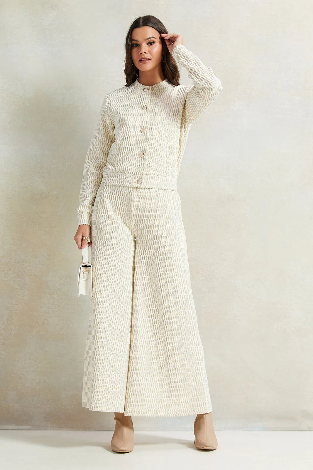 Women Cream Jacquard Wide Leg Pants