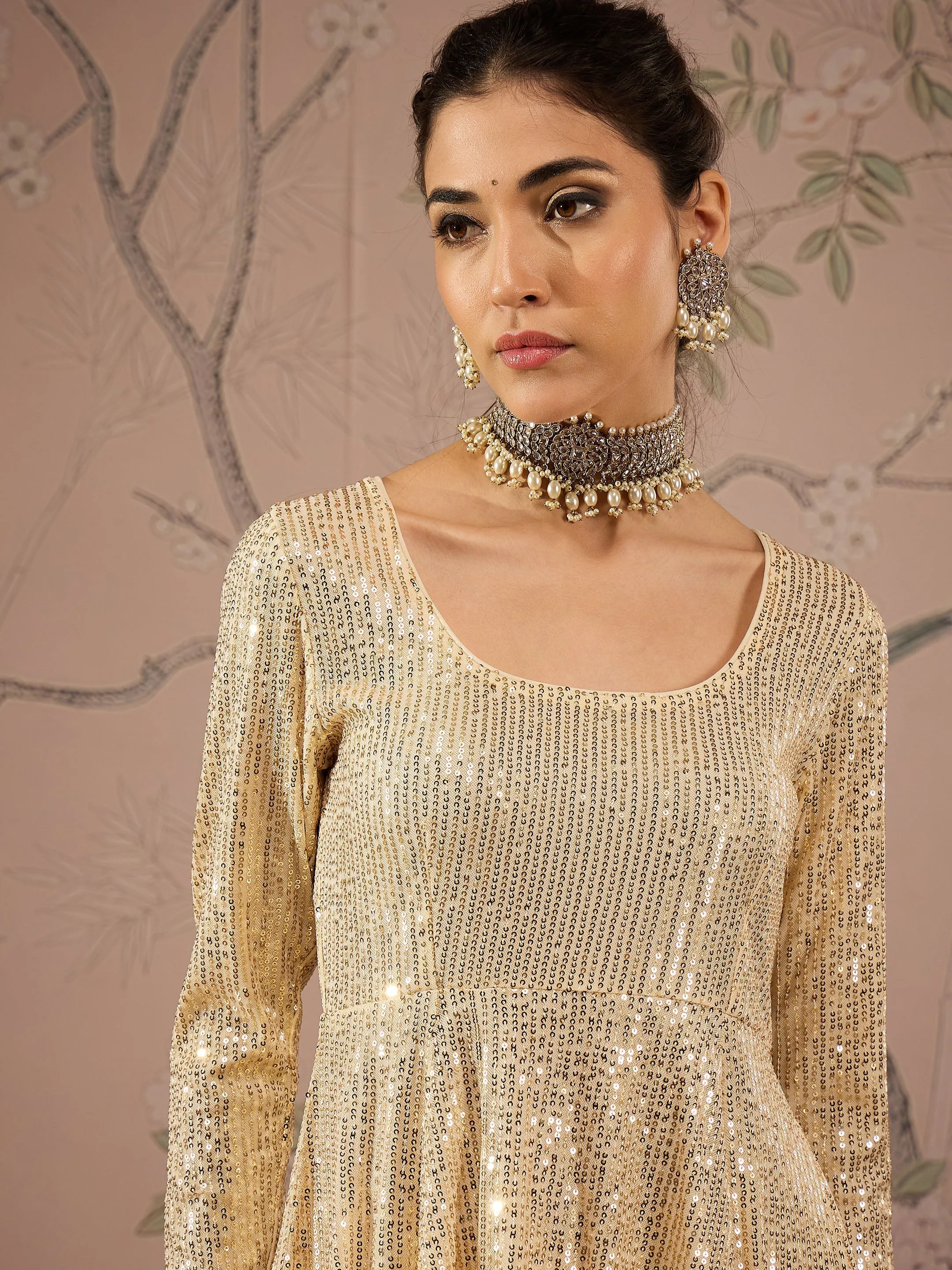 Women Gold Sequins Peplum Top With Flared Pants