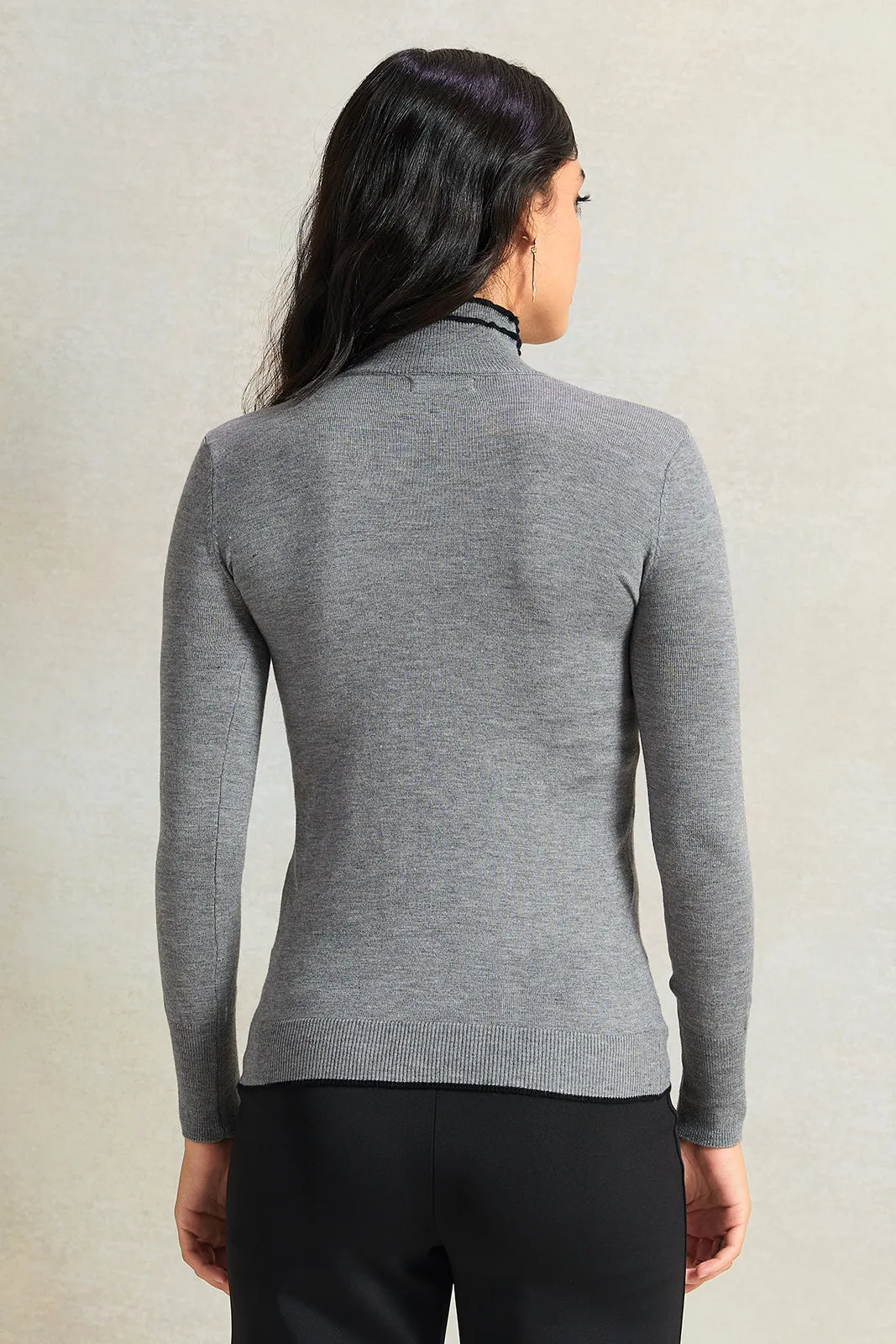 Women Grey Turtle Neck Pullover With Black Line