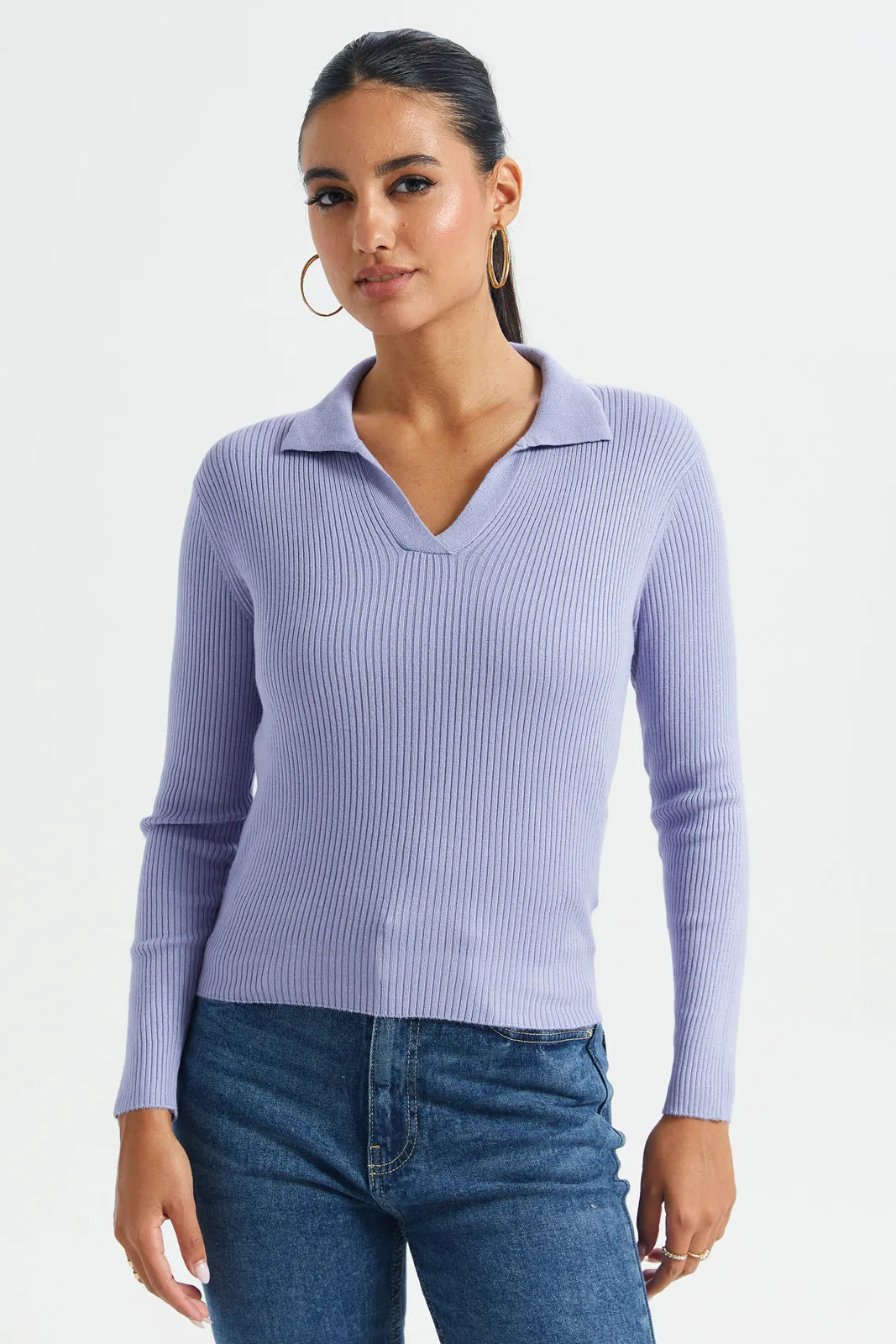 Women Lilac Collared Pullover