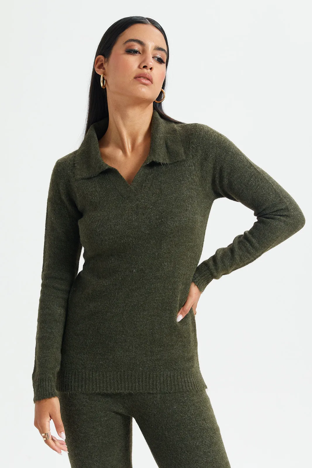 Women Olive Collared Pullover