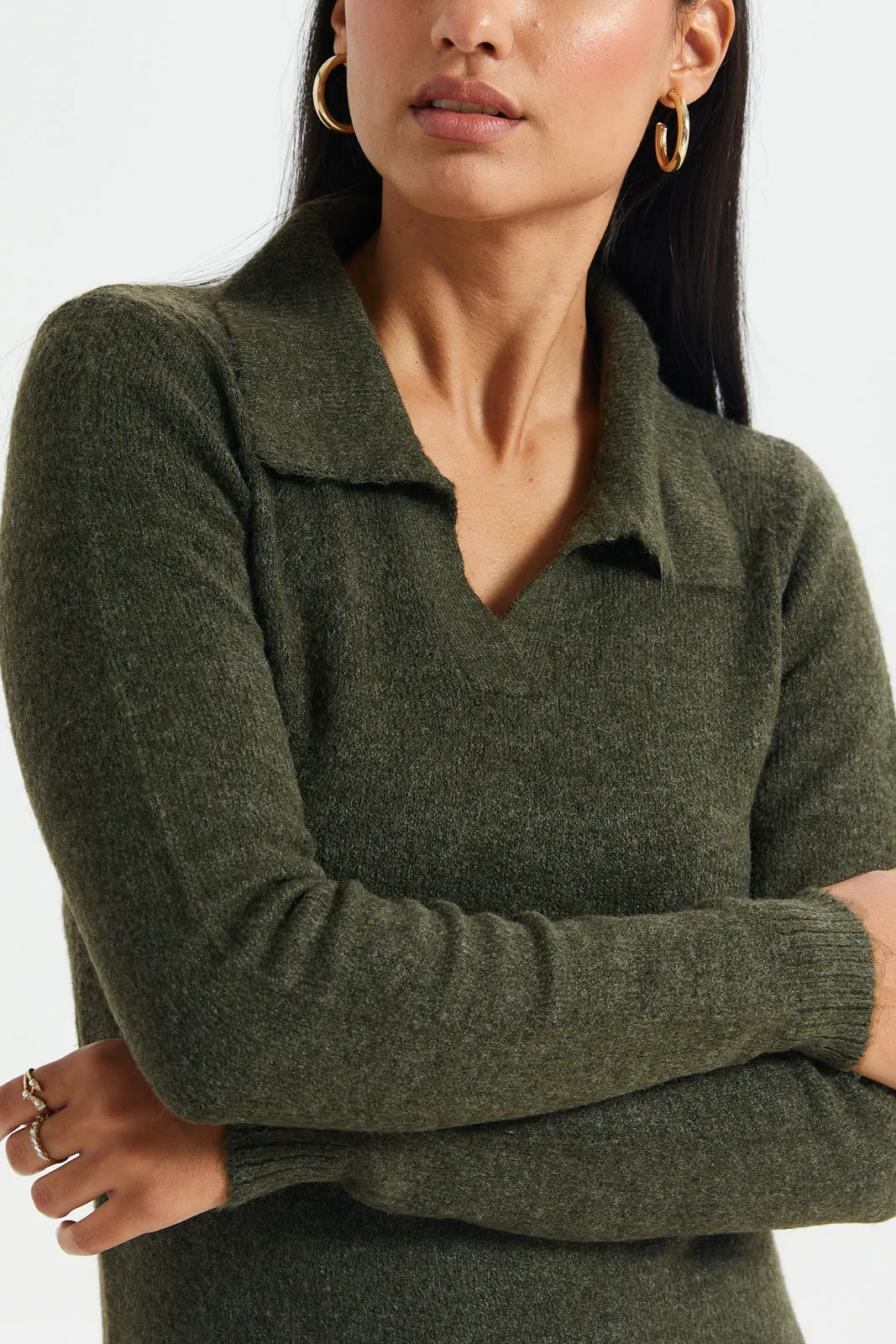 Women Olive Collared Pullover