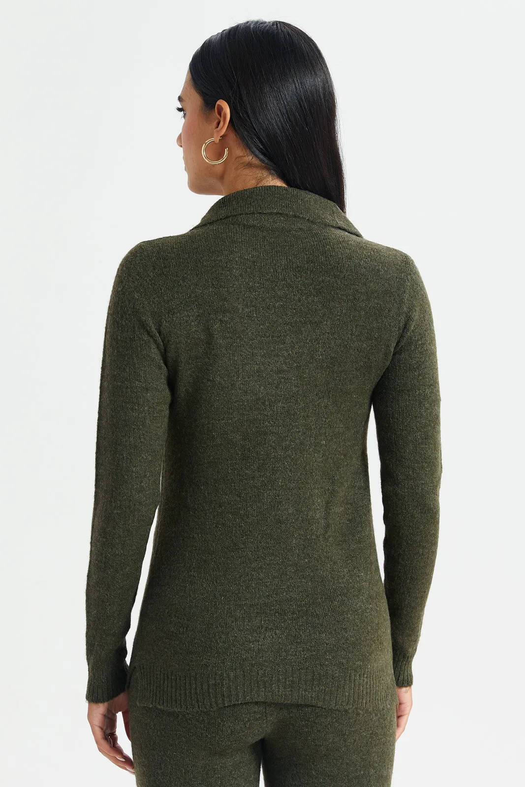 Women Olive Collared Pullover