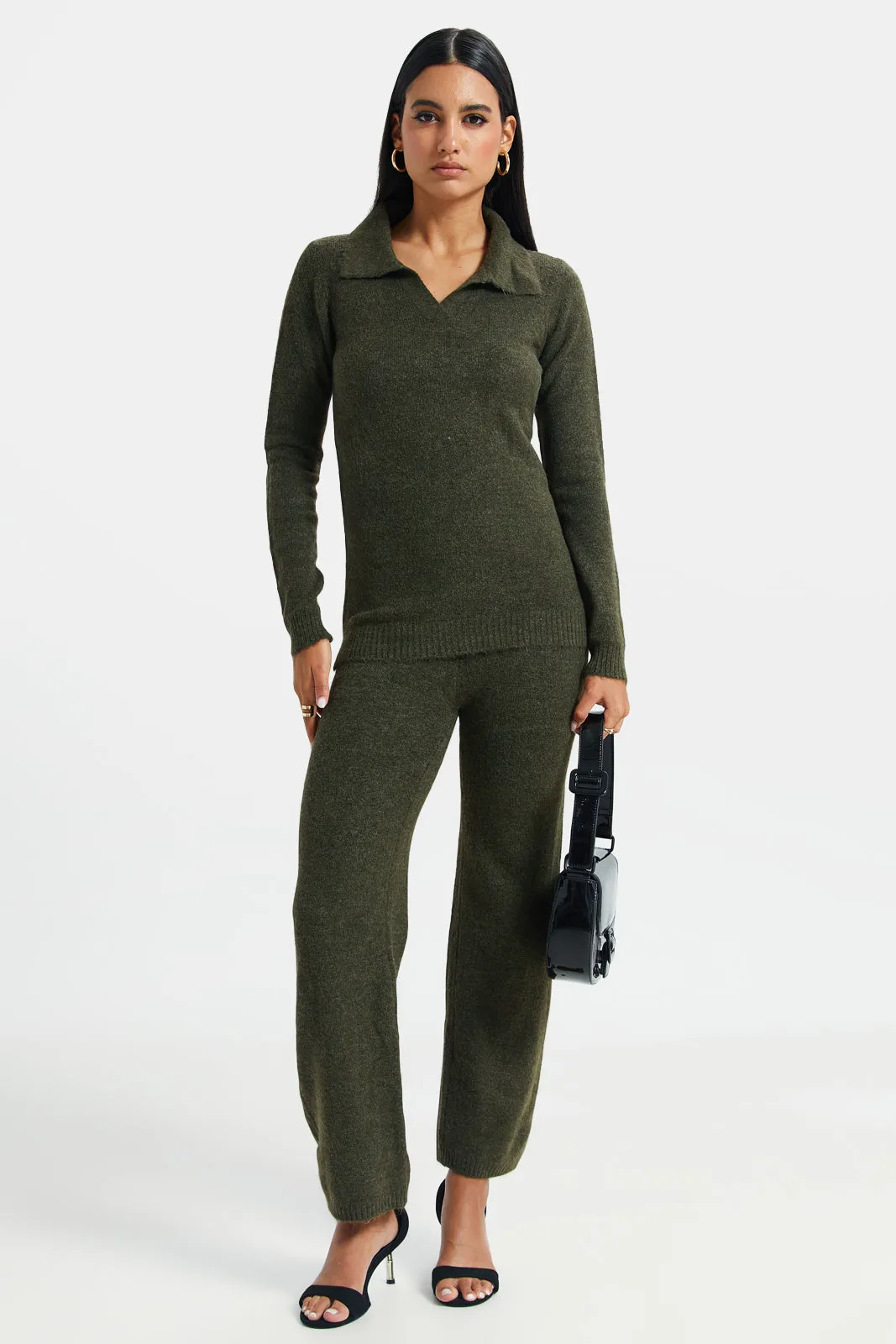 Women Olive Collared Pullover