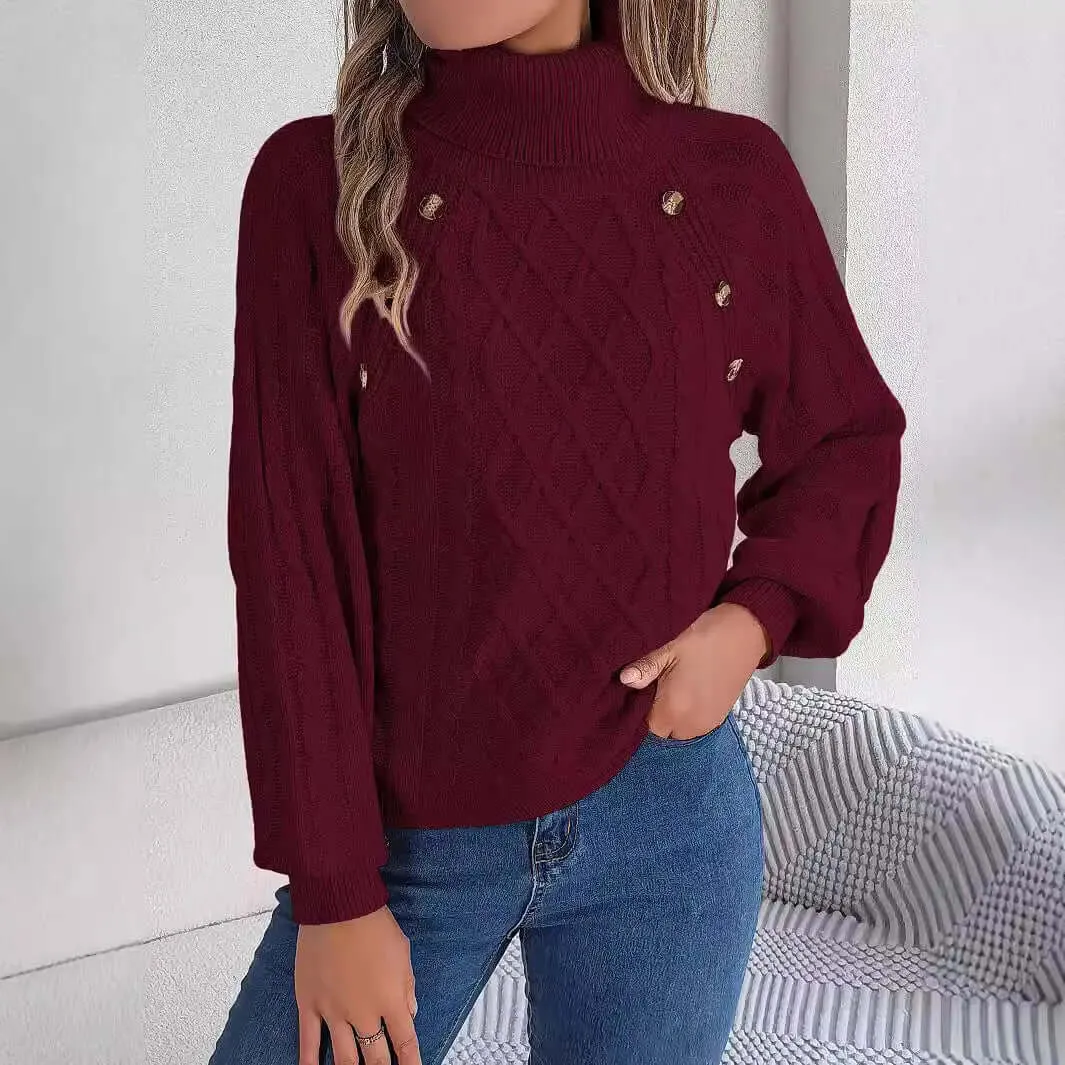 Women's autumn and winter fashion casual solid color button twist high collar lantern sleeve pullover sweater