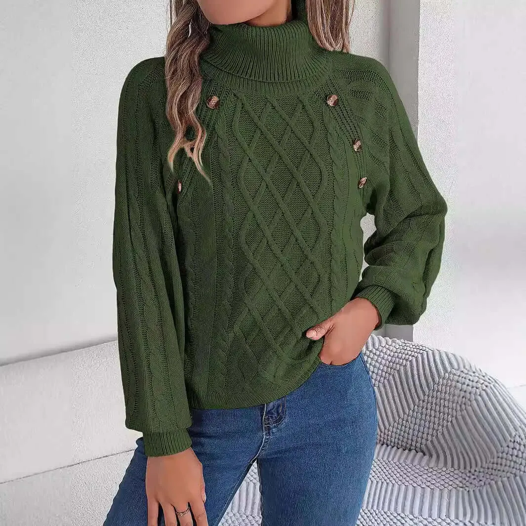 Women's autumn and winter fashion casual solid color button twist high collar lantern sleeve pullover sweater