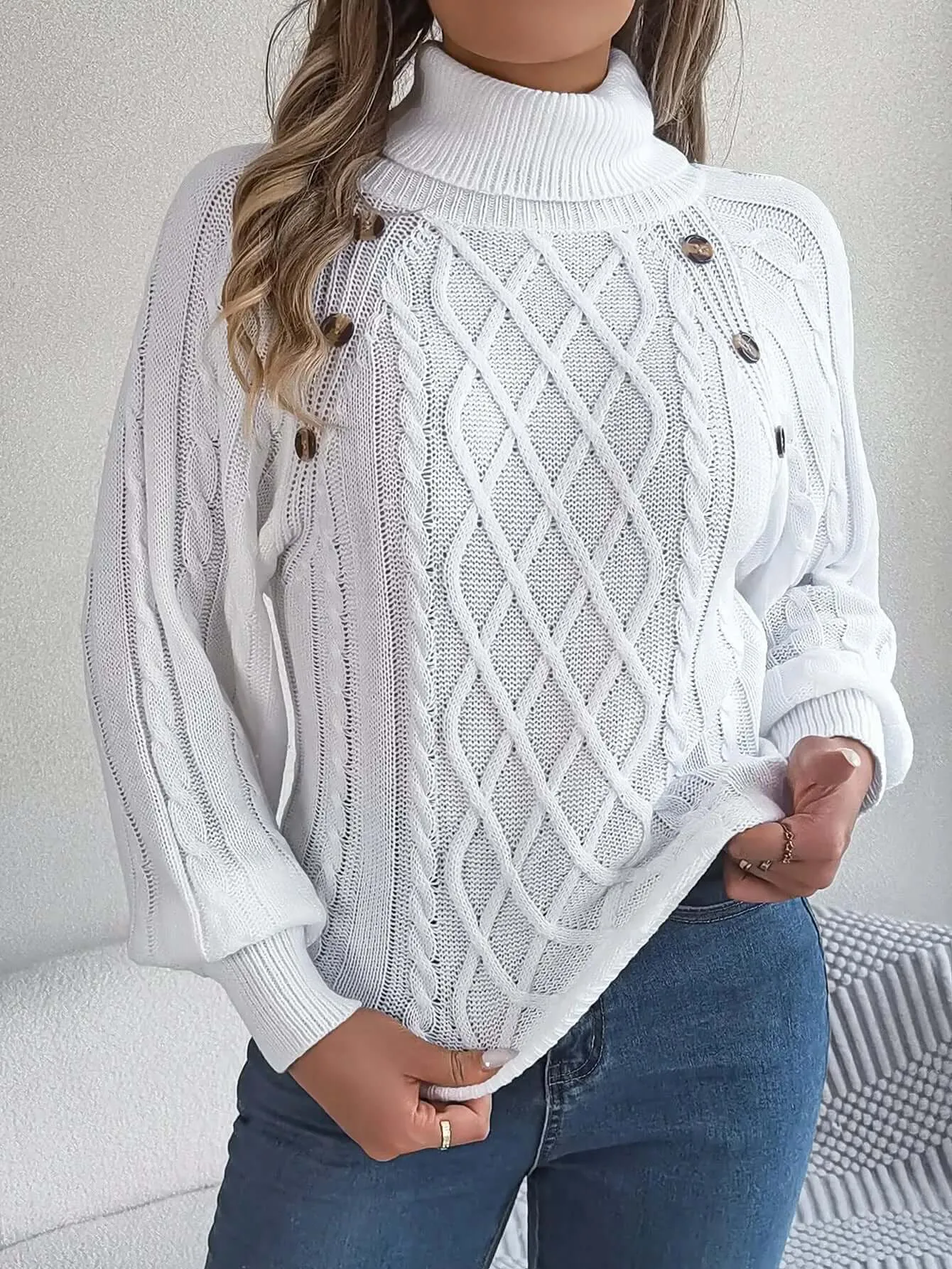 Women's autumn and winter fashion casual solid color button twist high collar lantern sleeve pullover sweater