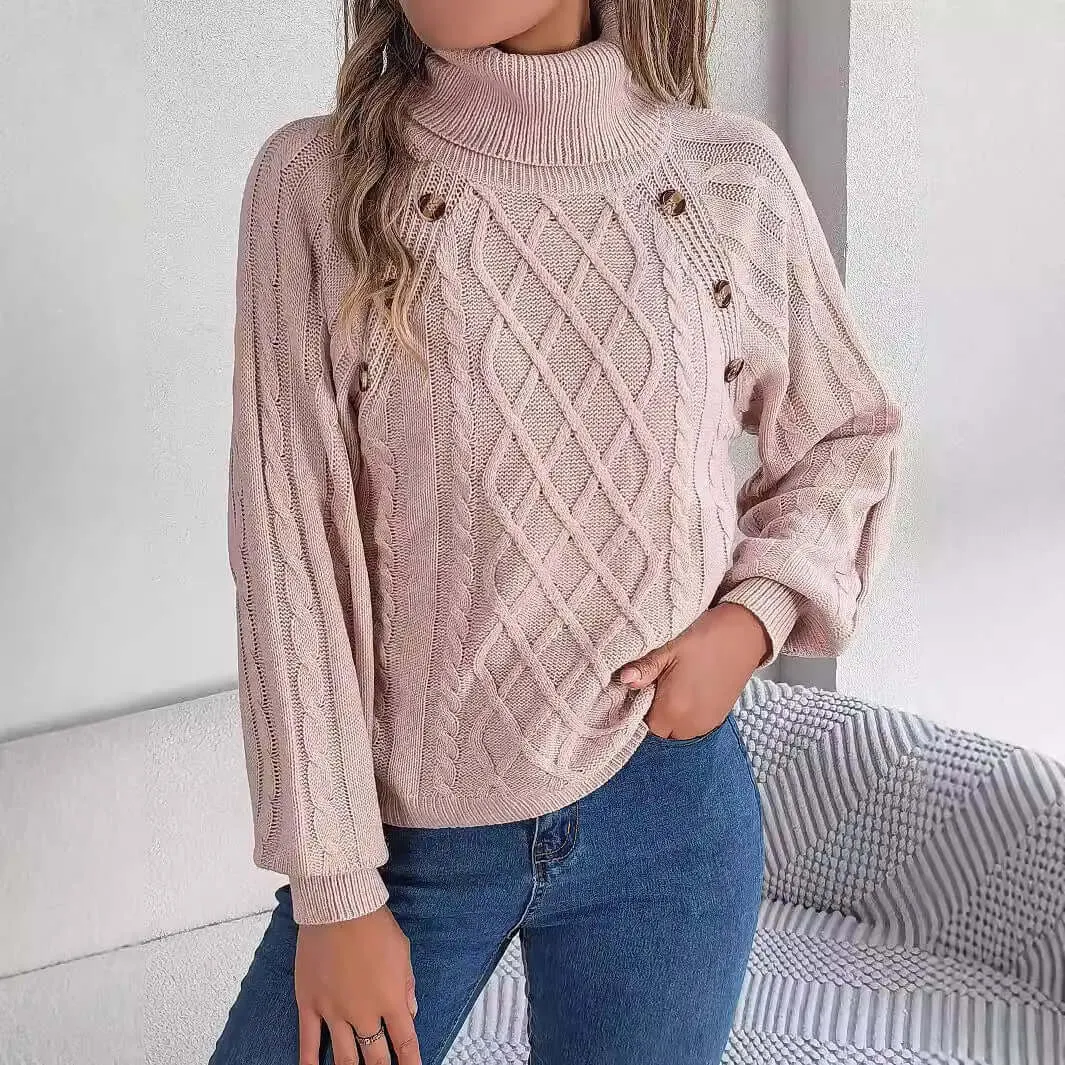 Women's autumn and winter fashion casual solid color button twist high collar lantern sleeve pullover sweater