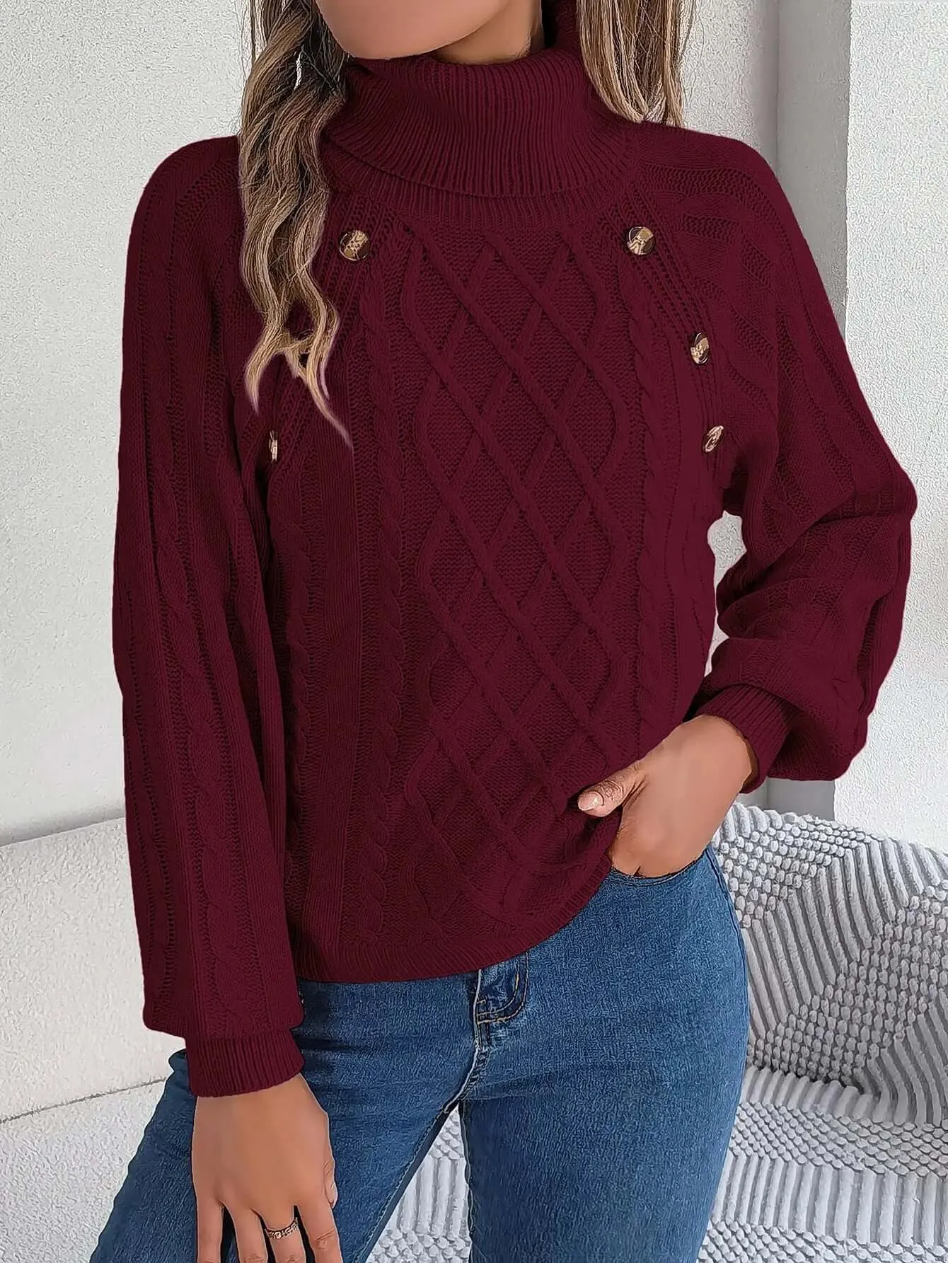 Women's autumn and winter fashion casual solid color button twist high collar lantern sleeve pullover sweater