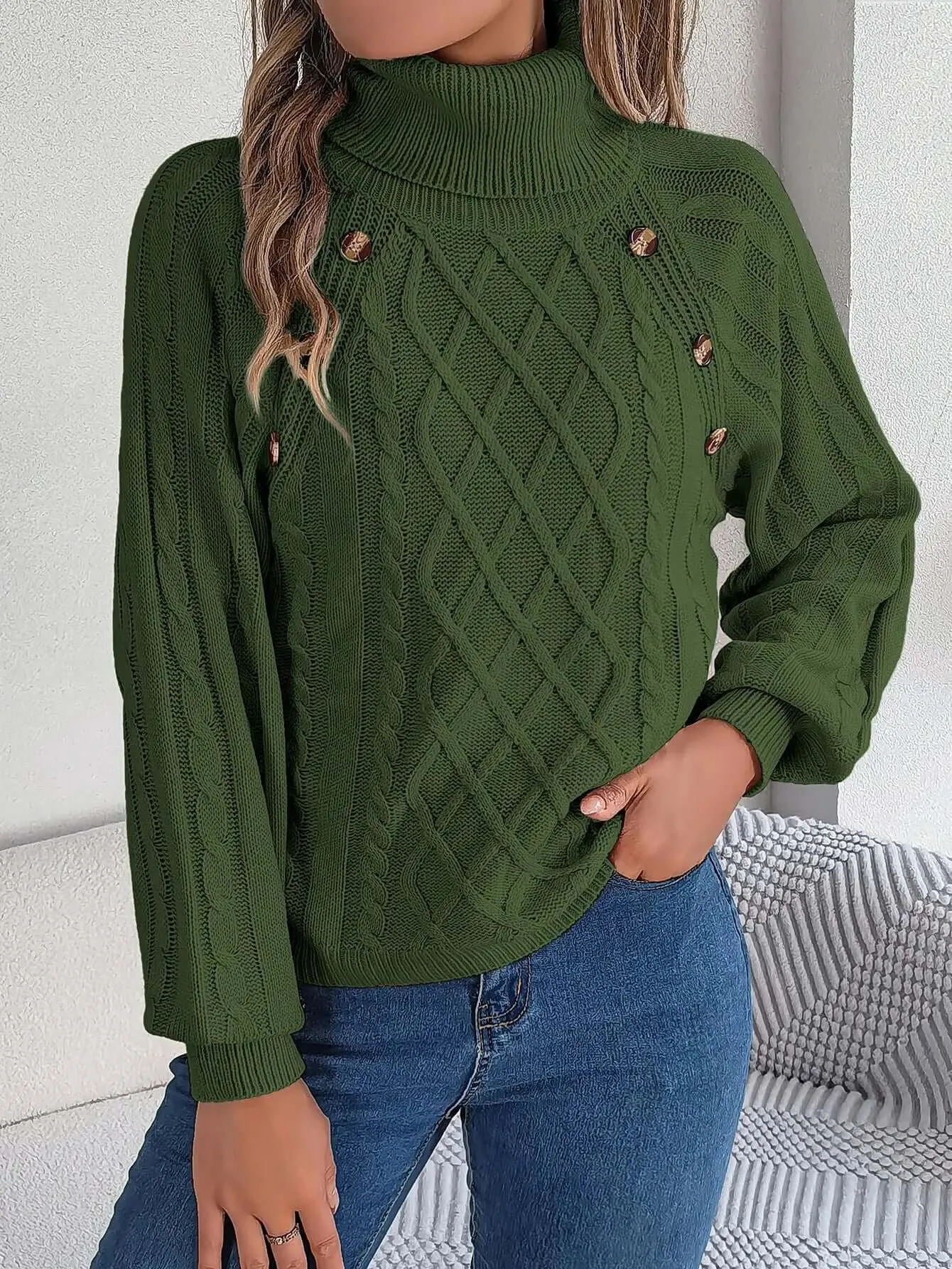 Women's autumn and winter fashion casual solid color button twist high collar lantern sleeve pullover sweater