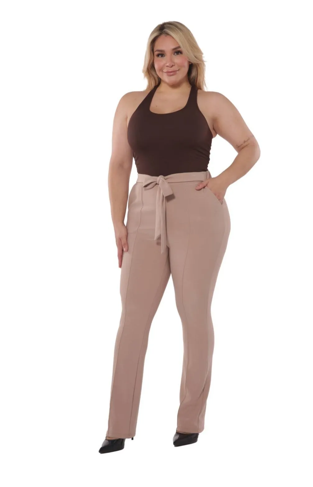 Women's flare pant with seam detail and waist tie