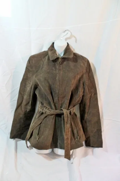 Womens GIII Suede Leather Jacket Riding Trench Coat BROWN S / CH Moto Belted