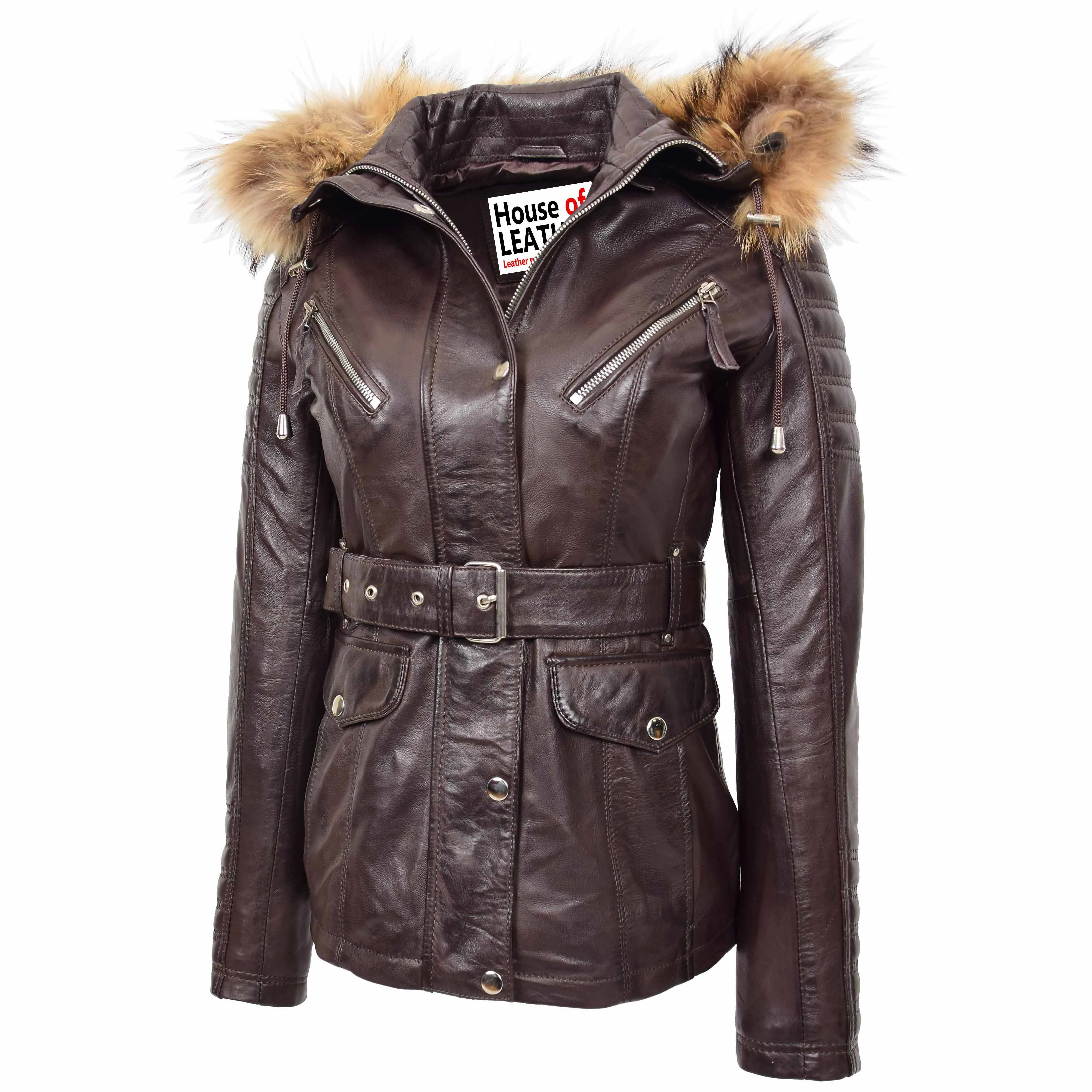 Womens Leather Parka Coat Detachable Hoodie Layla Brown