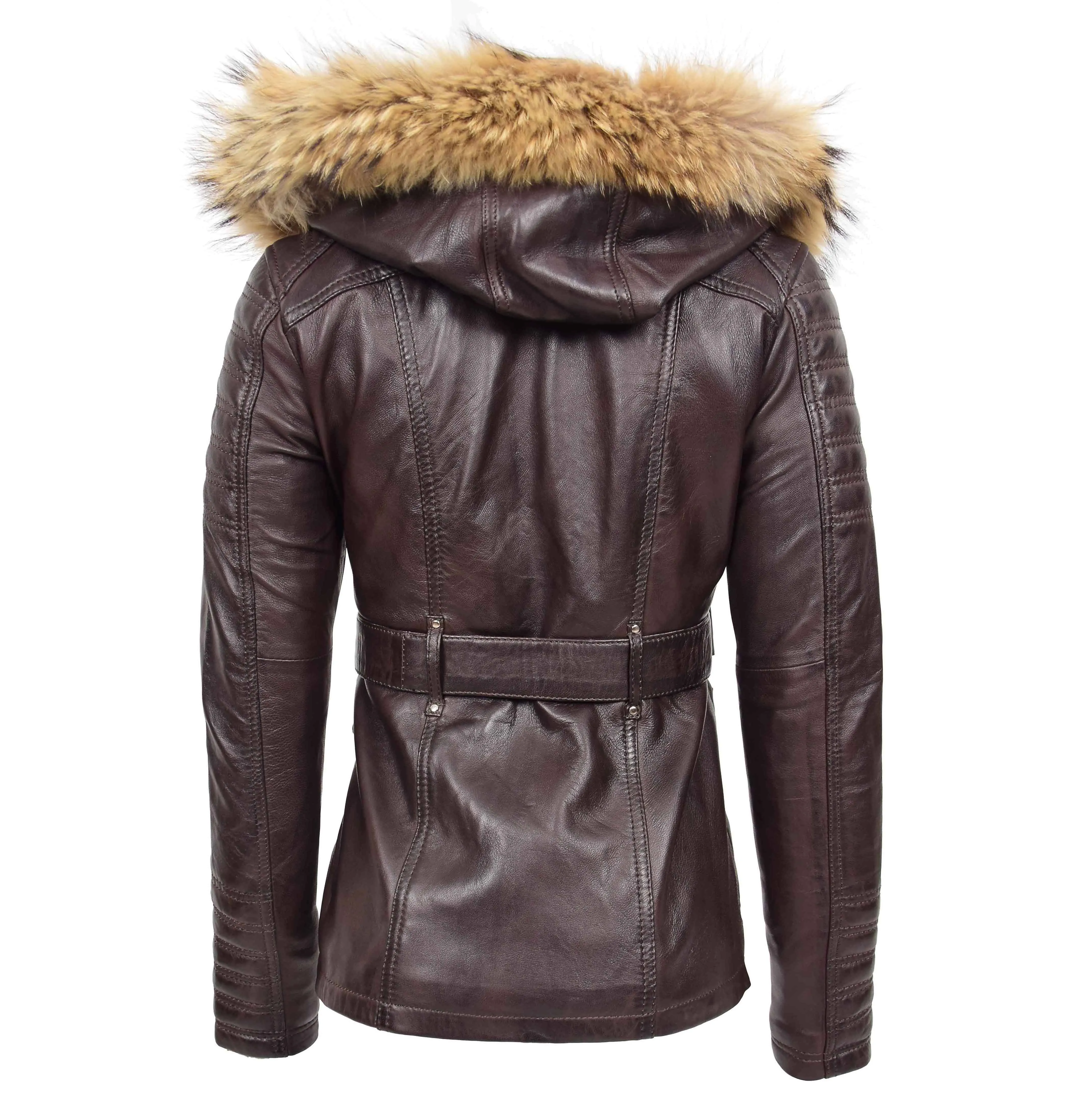 Womens Leather Parka Coat Detachable Hoodie Layla Brown