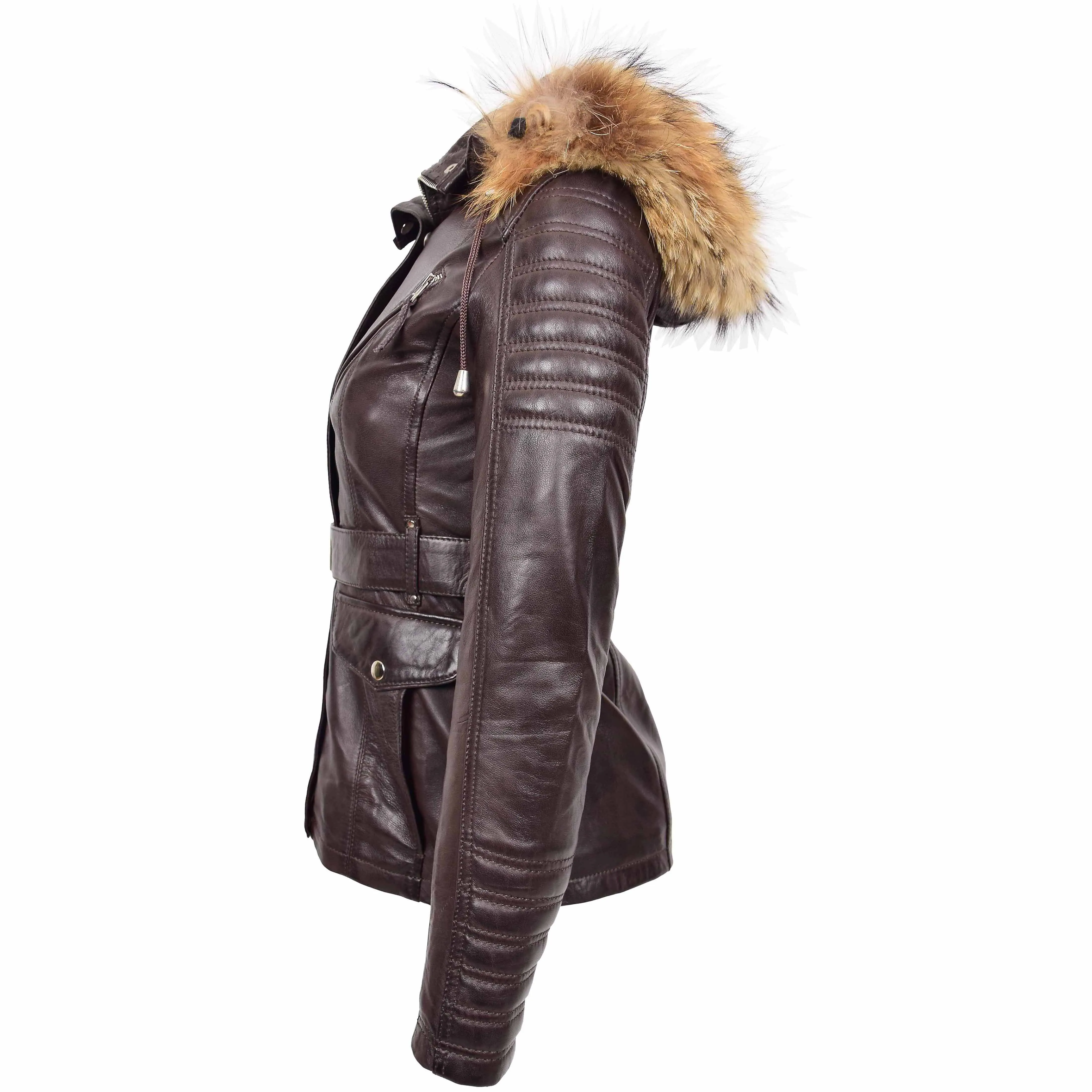 Womens Leather Parka Coat Detachable Hoodie Layla Brown