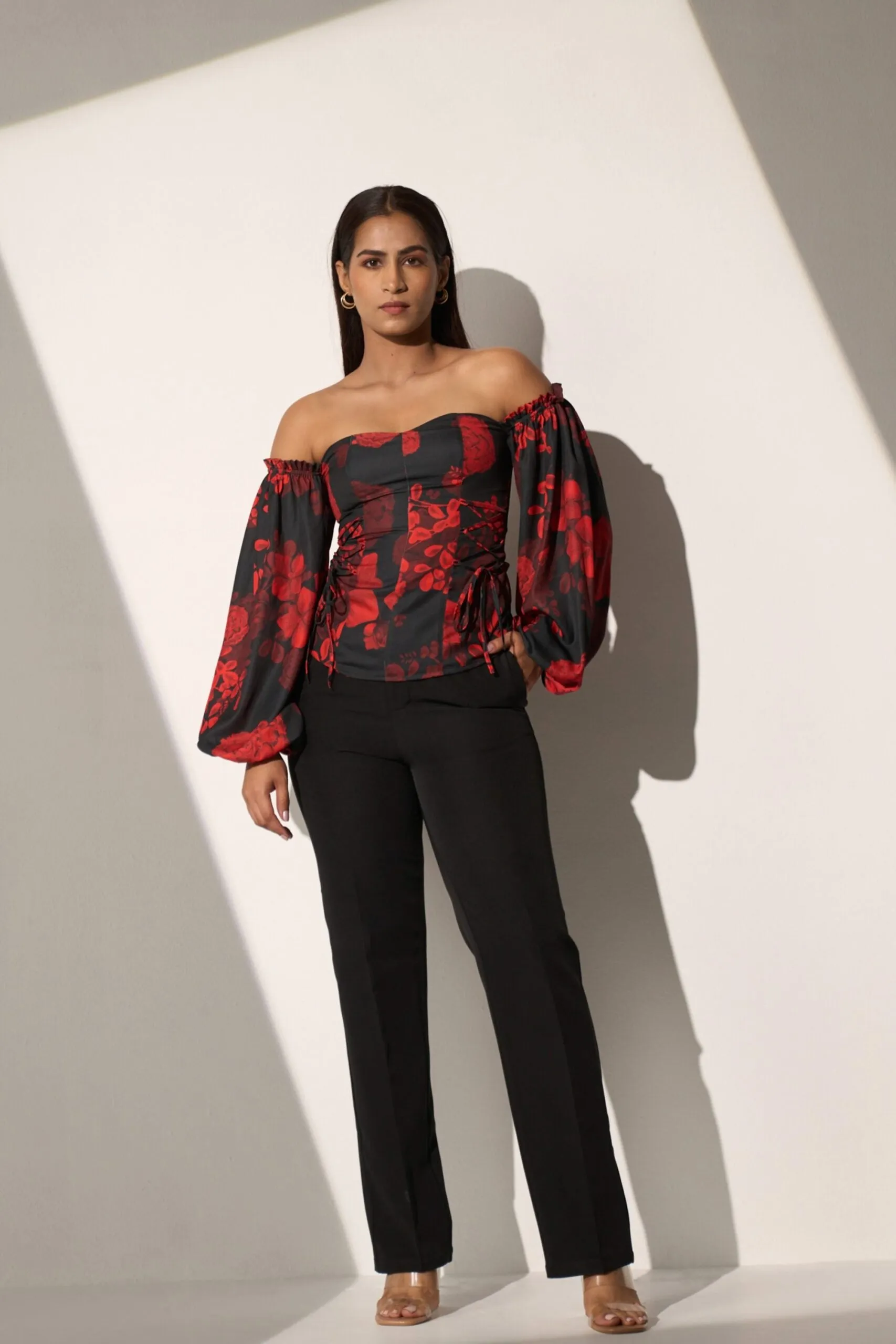 Women's Off shoulder Floral Top and Black straight pant