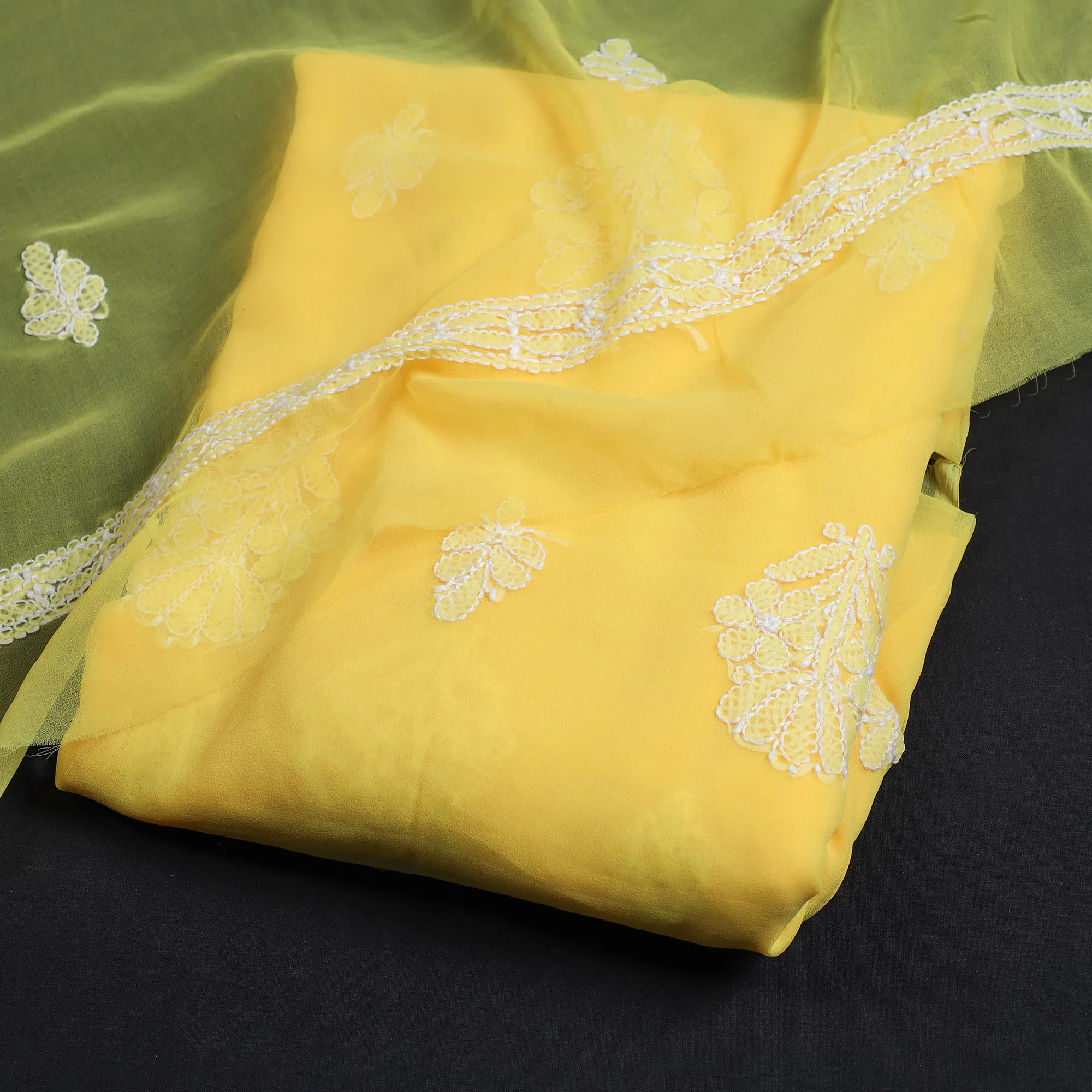 Yellow - 3pc Lucknow Chikankari Hand Embroidery Georgette Suit Material Set 25