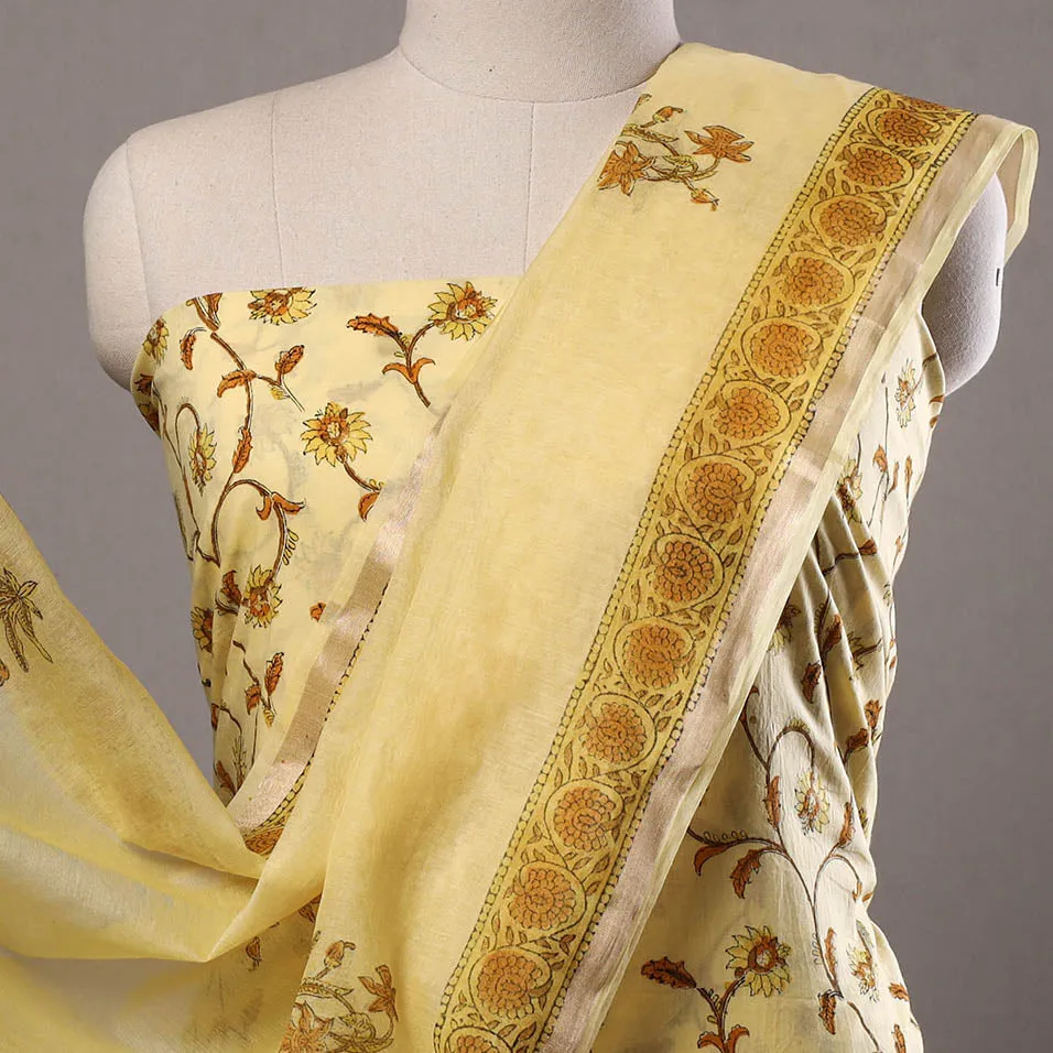 Yellow - 3pc Sanganeri Block Printed Cotton Suit Material with Chanderi Silk Dupatta 12