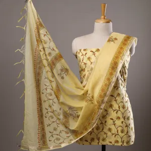 Yellow - 3pc Sanganeri Block Printed Cotton Suit Material with Chanderi Silk Dupatta 12