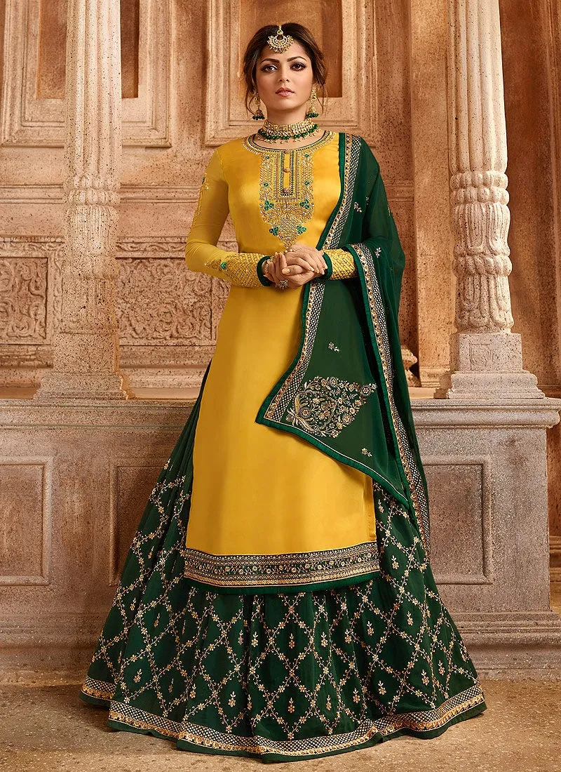 Yellow And Green Dual Bottom Lehenga/Pant Kurti Set