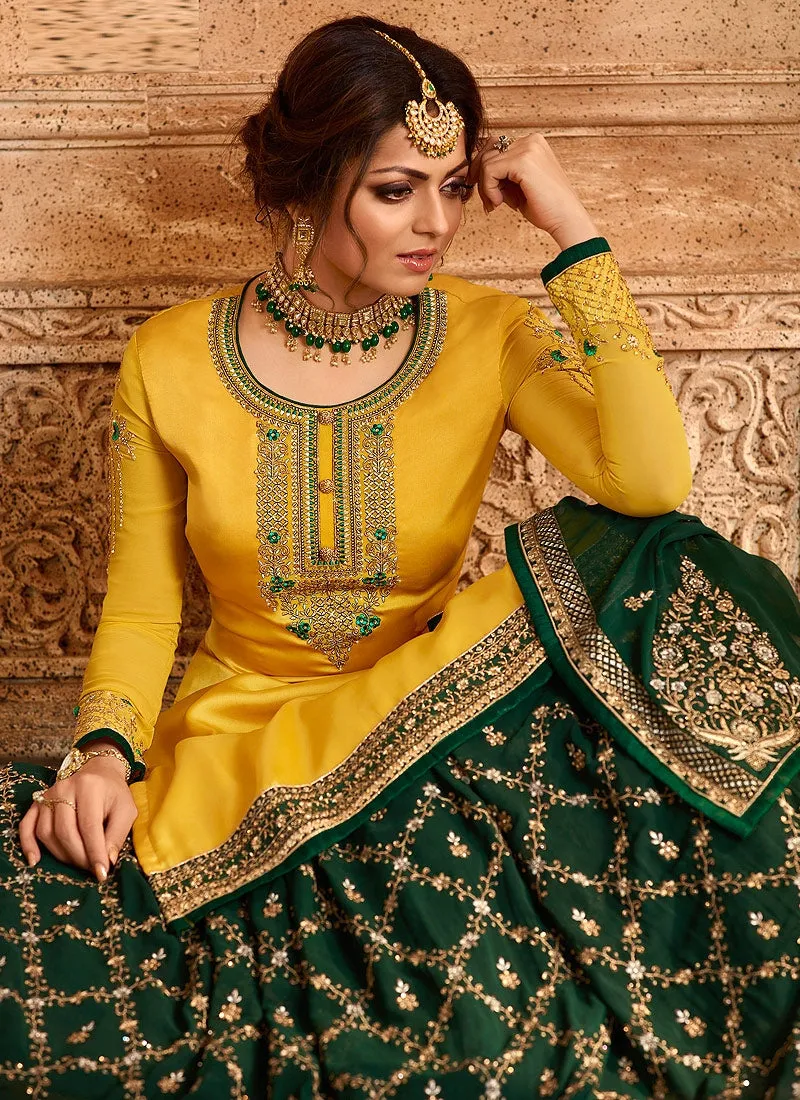 Yellow And Green Dual Bottom Lehenga/Pant Kurti Set