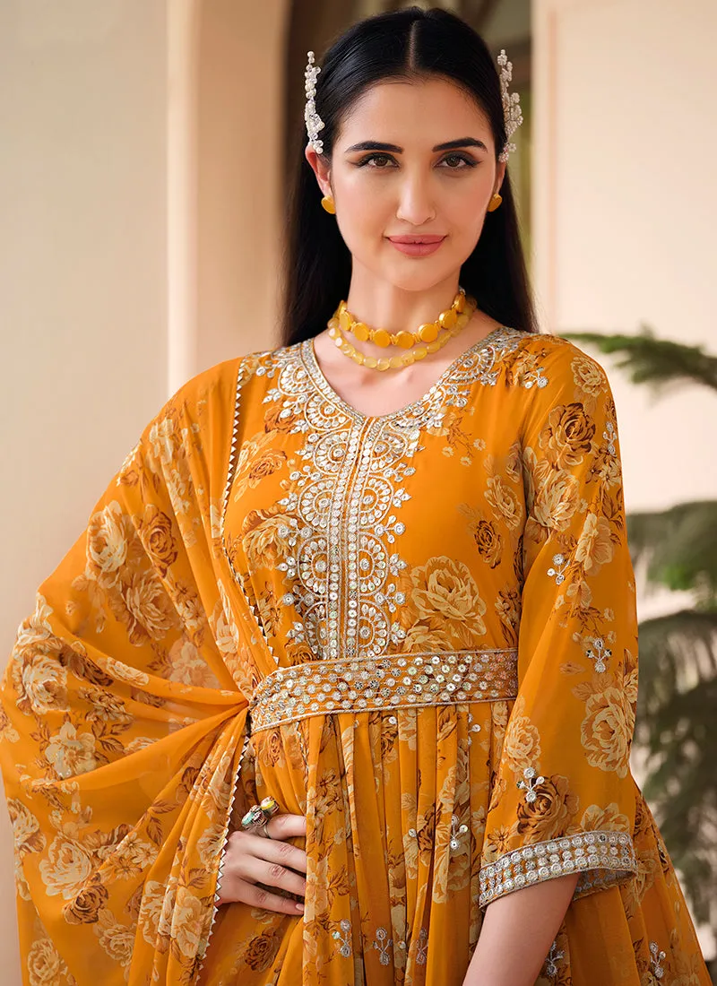 Yellow Sequence Embroidery Floral Anarkali Suit