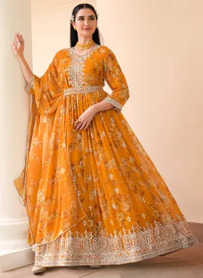 Yellow Sequence Embroidery Floral Anarkali Suit