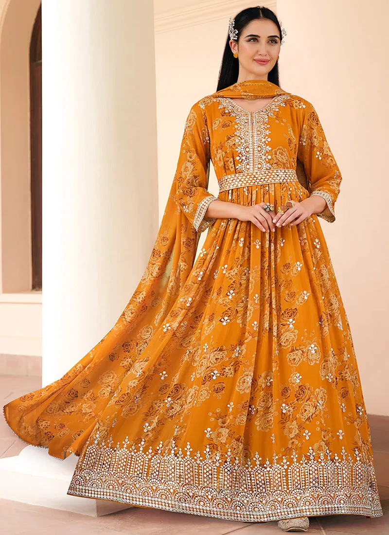 Yellow Sequence Embroidery Floral Anarkali Suit