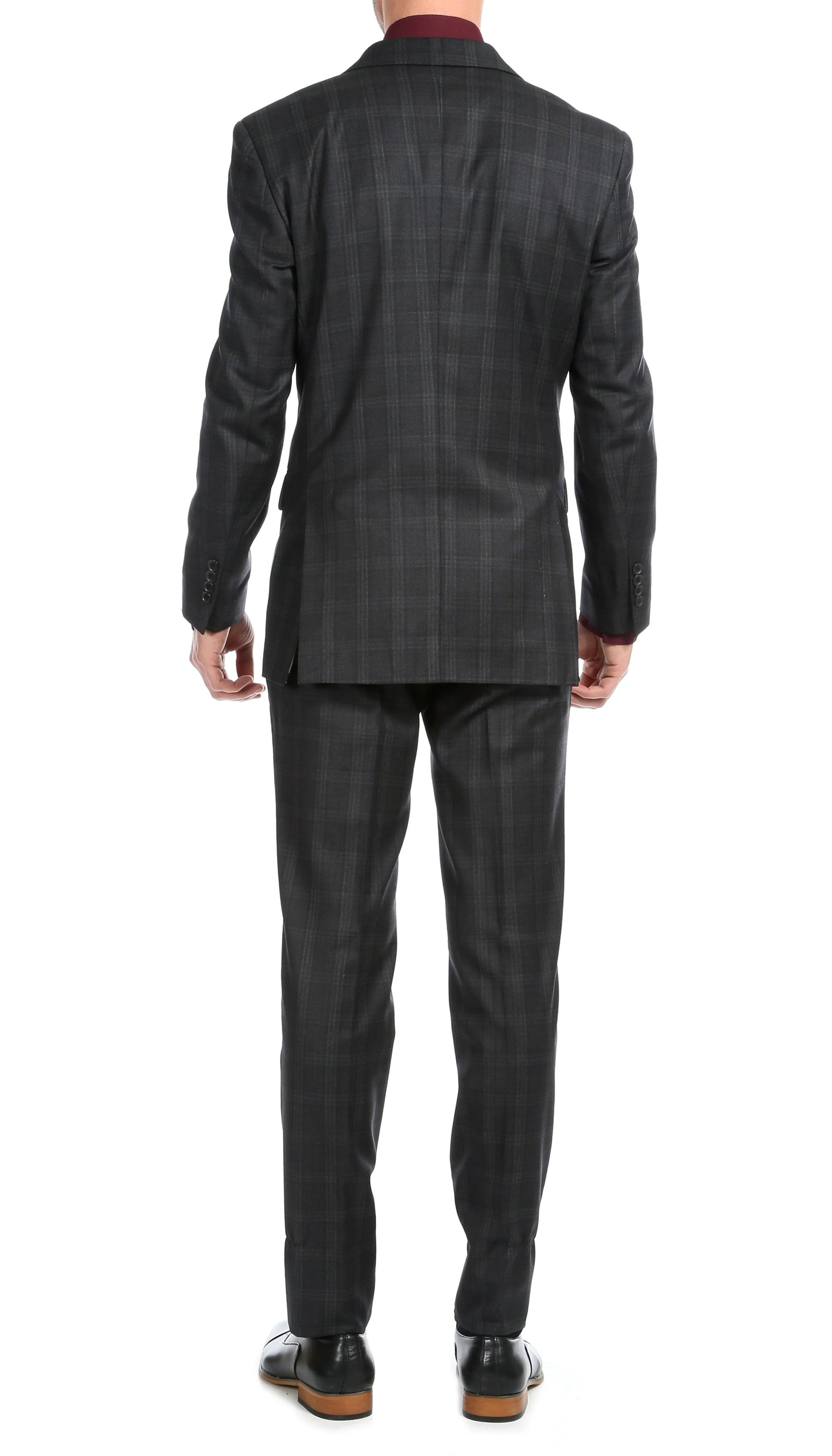 Yves Black Plaid Check Men's Premium 2 Piece Wool Slim Fit Suit