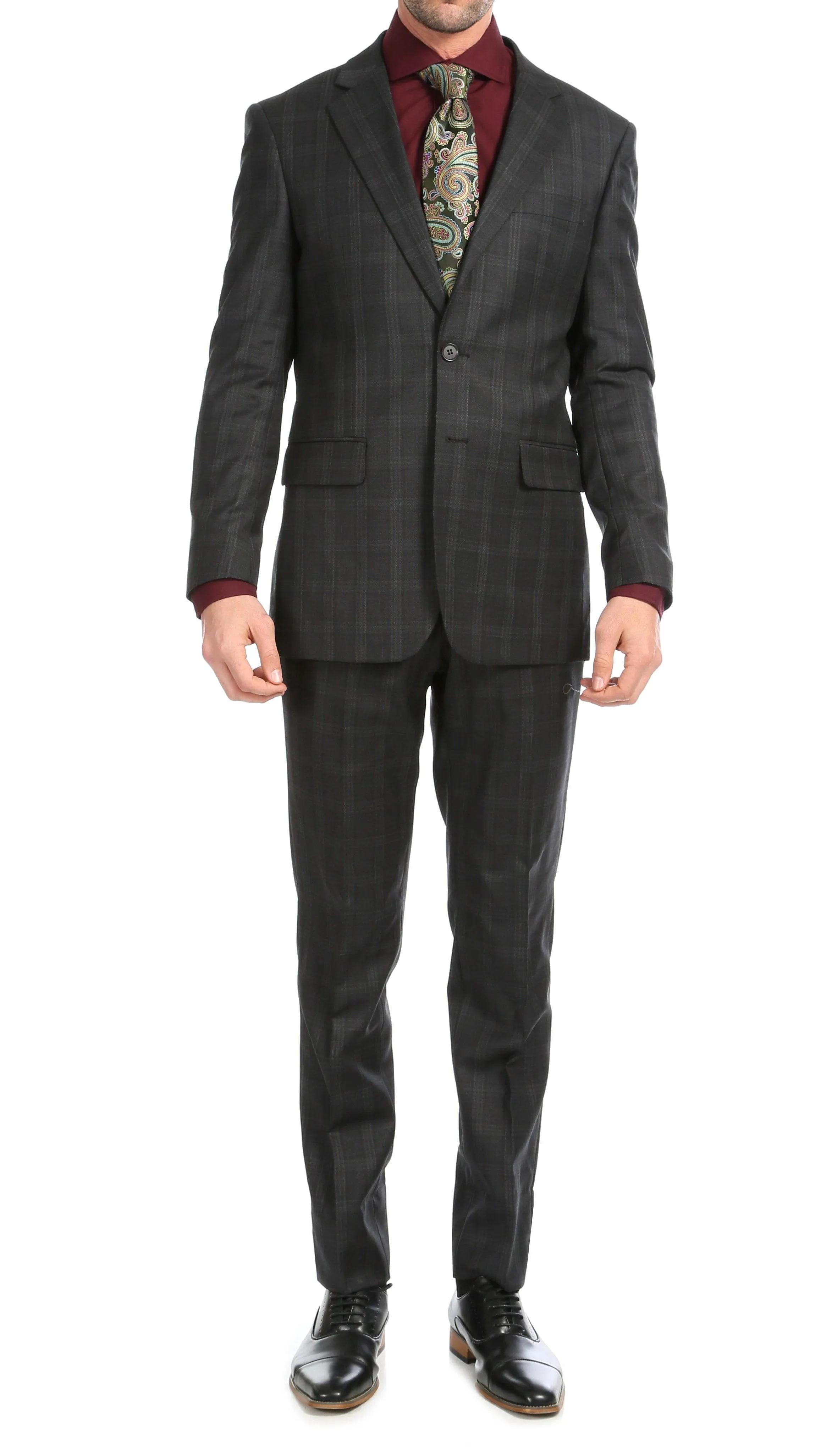 Yves Black Plaid Check Men's Premium 2 Piece Wool Slim Fit Suit