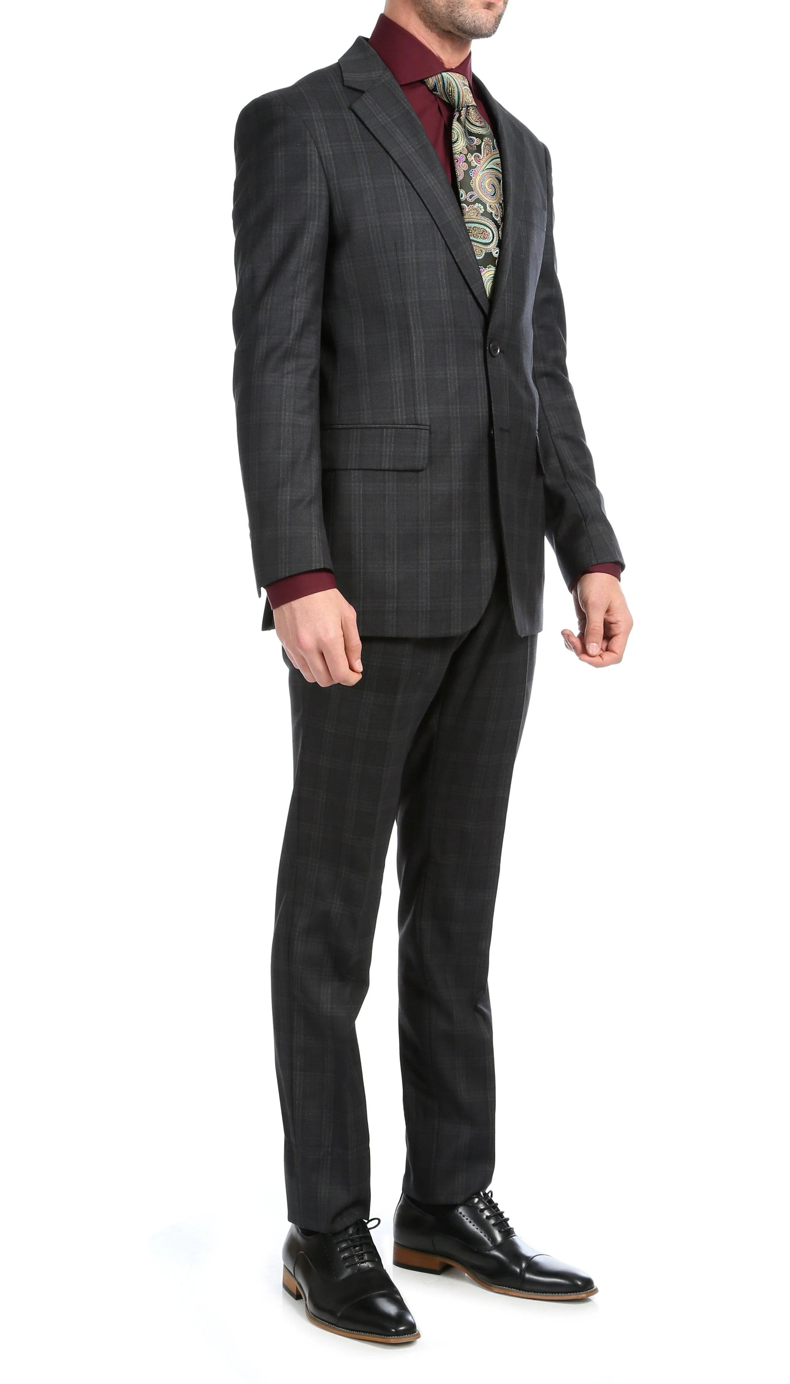 Yves Black Plaid Check Men's Premium 2 Piece Wool Slim Fit Suit