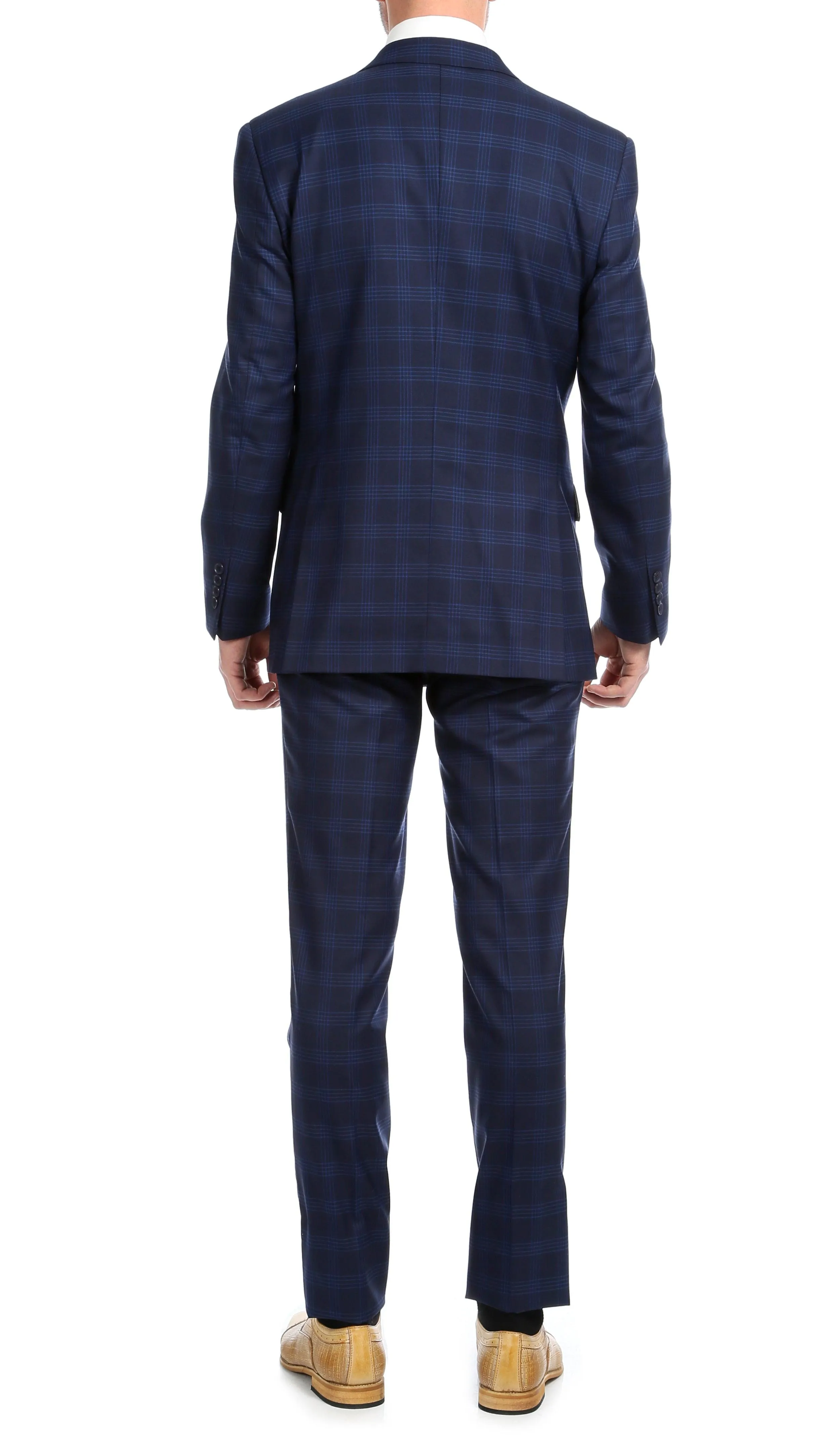 Yves Navy Blue Plaid Check Men's Premium 2pc Premium Wool Slim Fit Suit