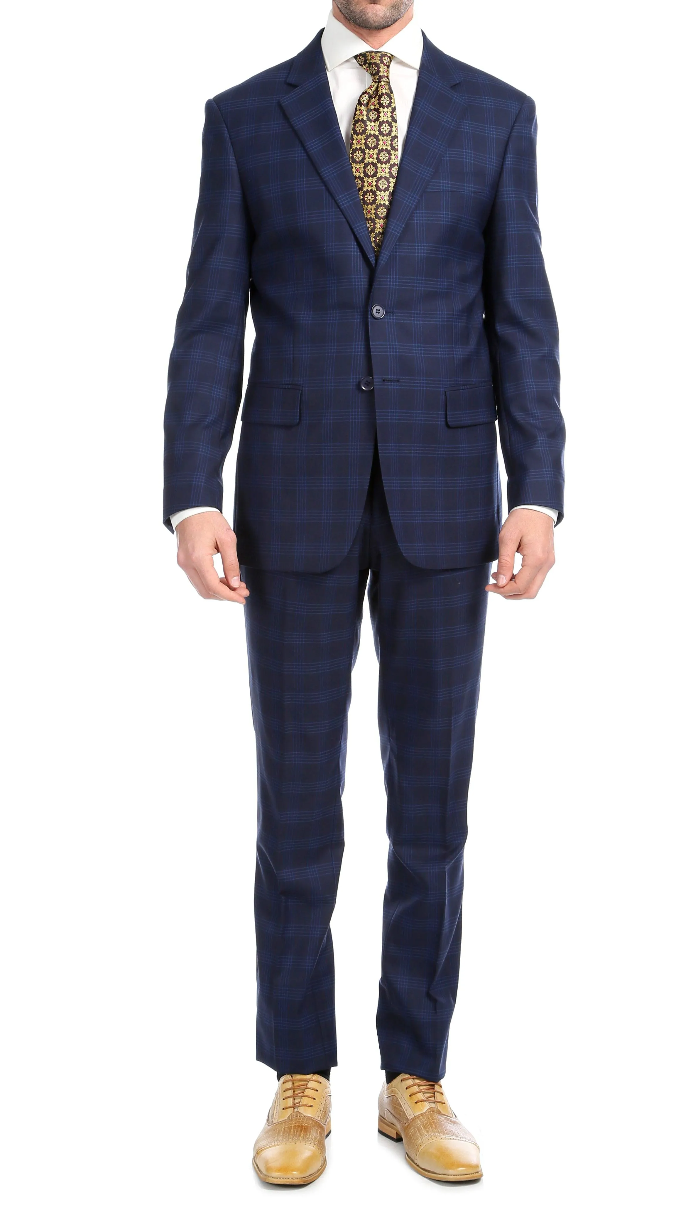 Yves Navy Blue Plaid Check Men's Premium 2pc Premium Wool Slim Fit Suit